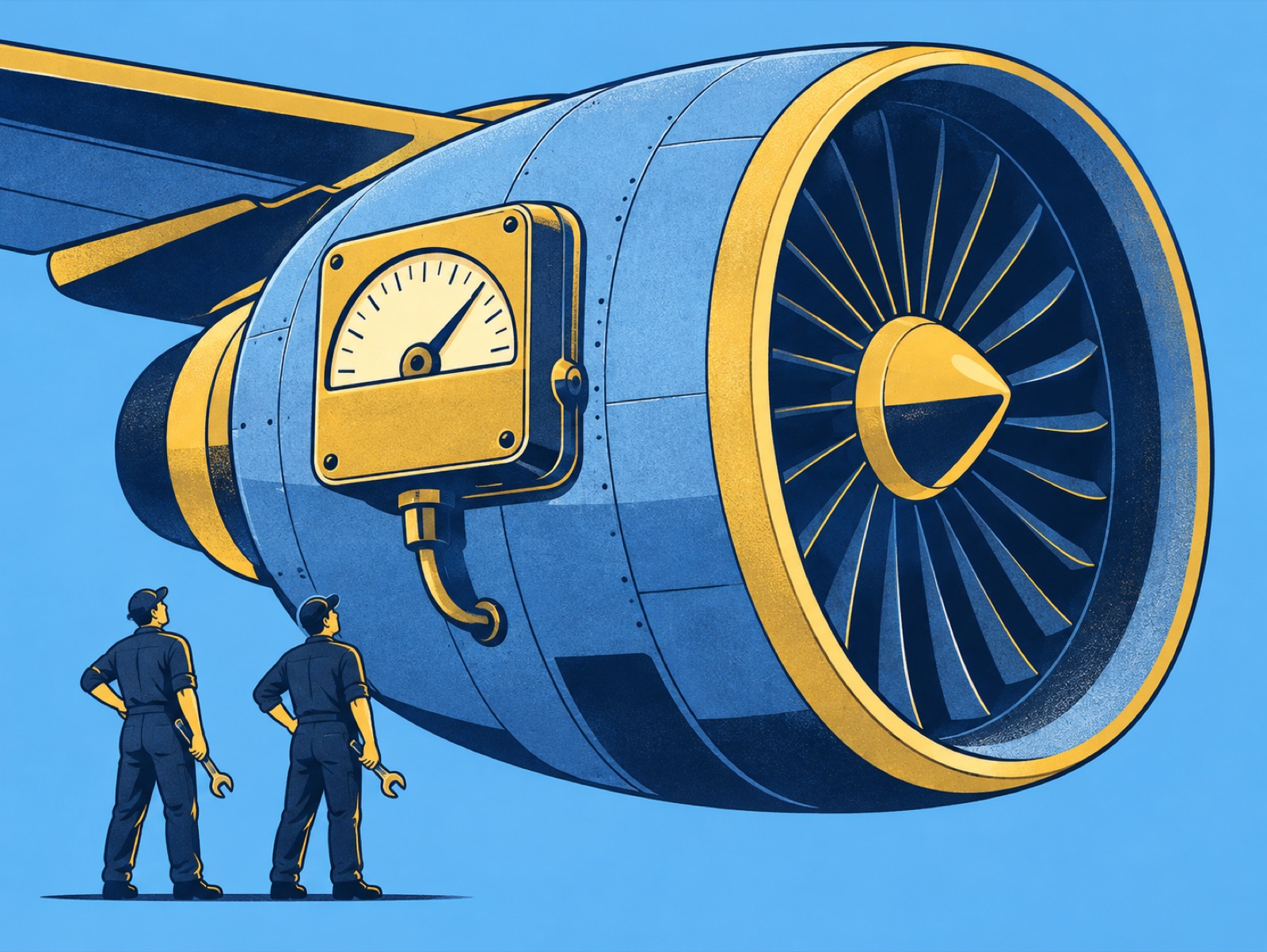 Two mechanics look up at a jet engine fitted with a meter dial