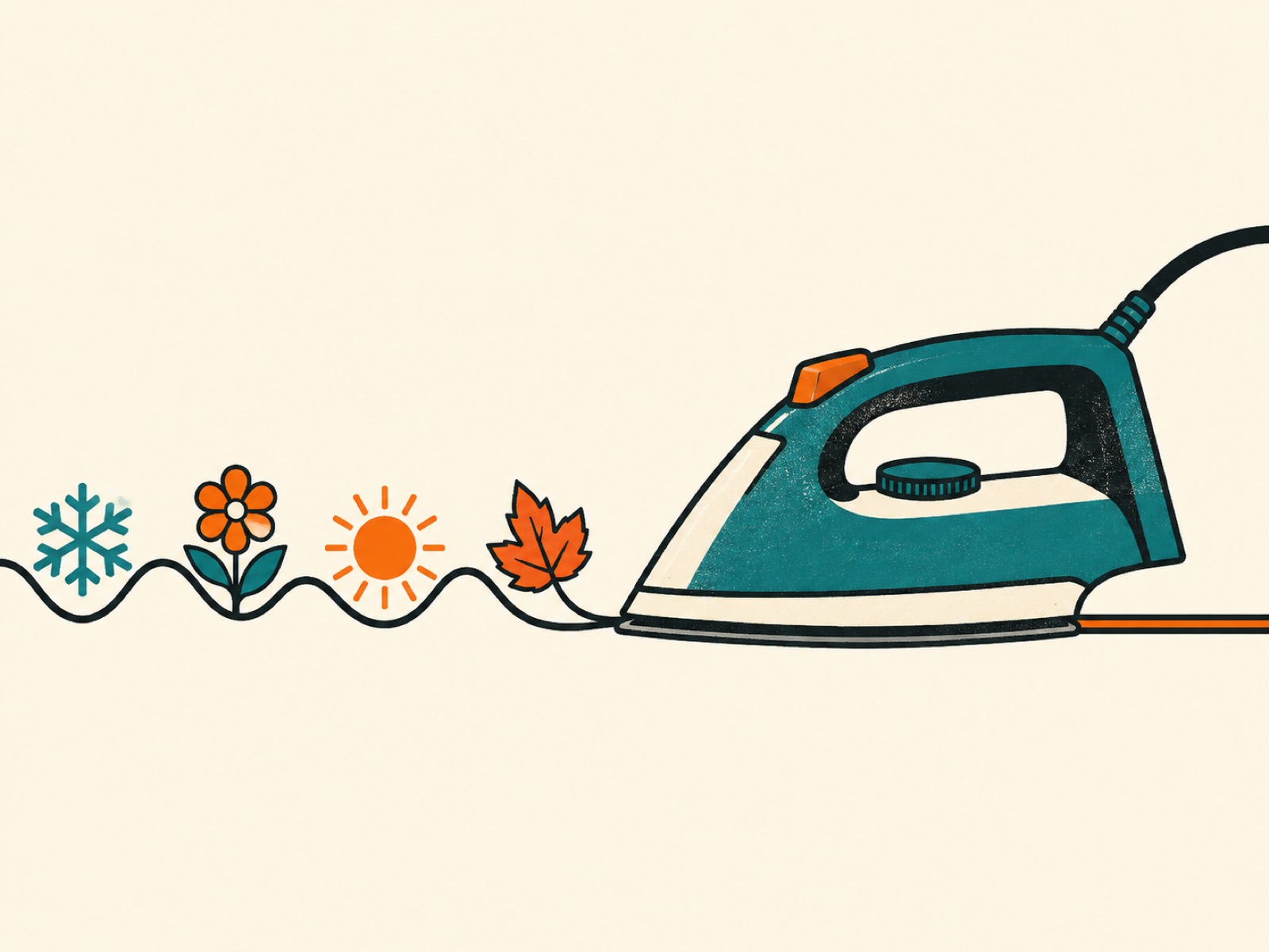 An iron smooths a wavy line decorated with a snowflake, a flower, a sun and a leaf