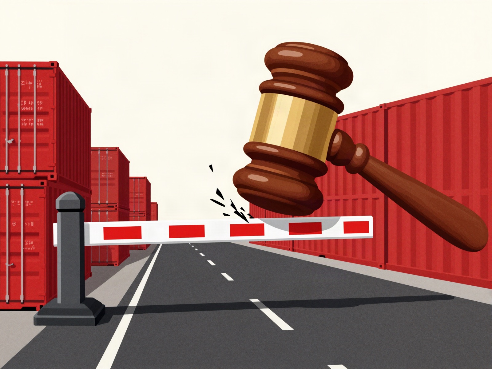 A judge’s gavel striking a toll barrier across a road lined with shipping containers