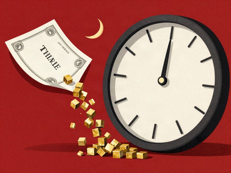 A paper share certificate dissolving into a stream of gold cubes beside a clock face
