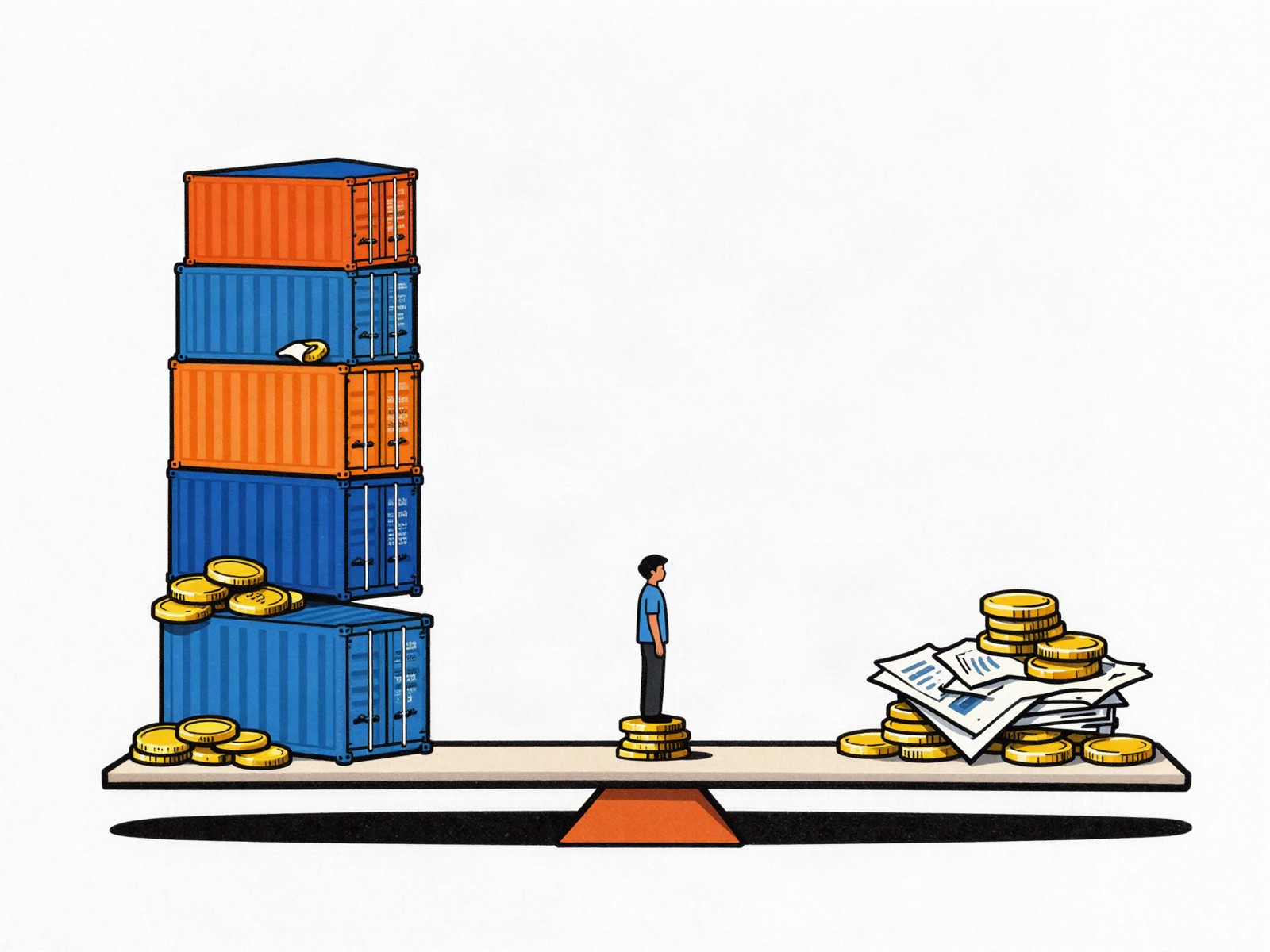 A giant balance scale with shipping containers on one side and gold coins and paper promises on the other