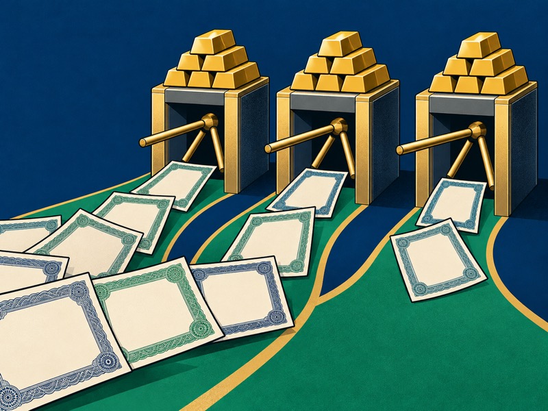 Bond certificates flow towards three turnstile gates, each topped with gold bars