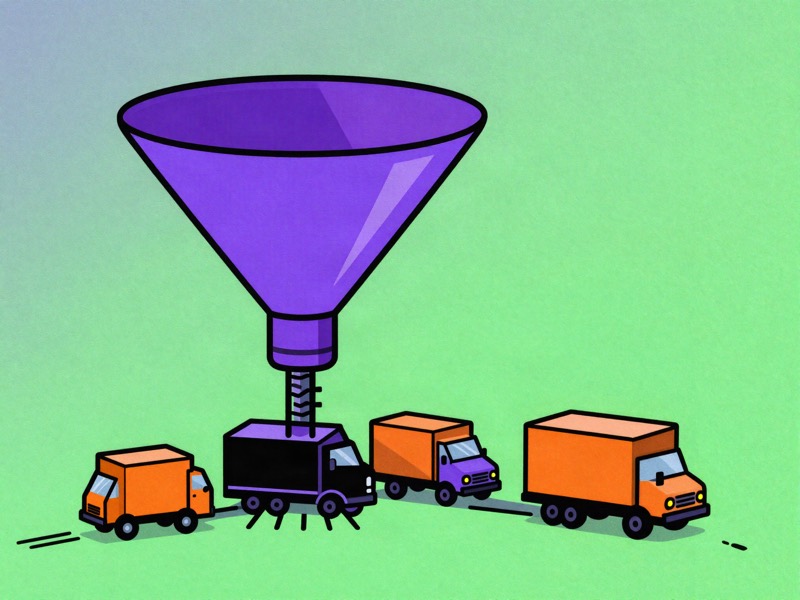 An hourglass full of glowing microchips with its narrow neck jammed, inside a chip factory