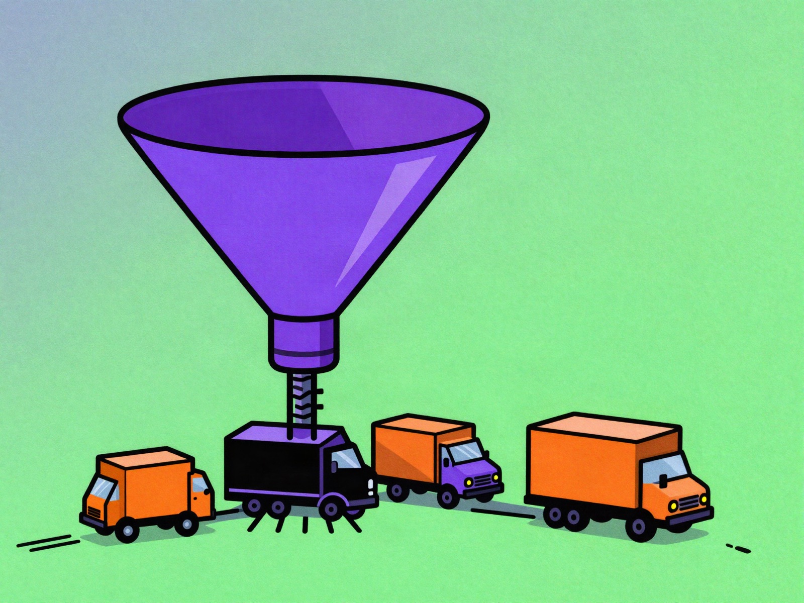 An hourglass full of glowing microchips with its narrow neck jammed, inside a chip factory