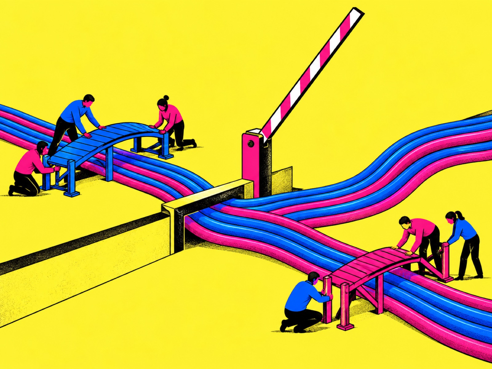 Bundles of data cables pass under a raised border barrier while people build small bridges over them