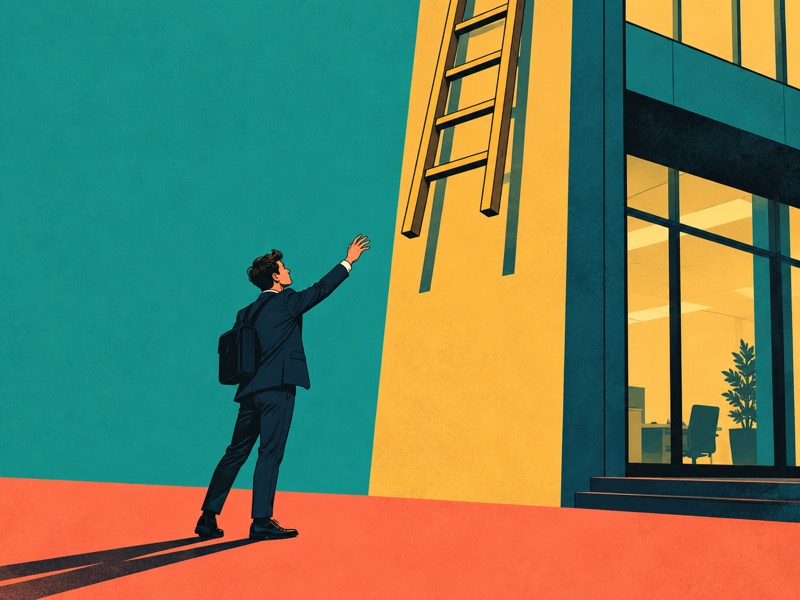 A young graduate reaches up for a ladder whose lowest rungs are missing